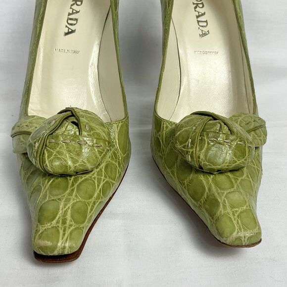 Prada Vintage Knot Croc Print Heels Leather Green Pumps Sz 35.5 (Prada) US 5.5 - Picture 3 of 9